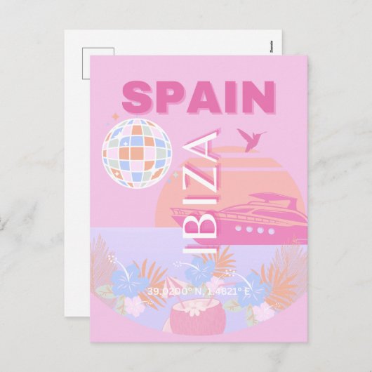 Cartes Pour Fêtes Annuelles Ibiza, Espagne, Art Voyage, Art Preppy, Rose (Devant / Derrière)