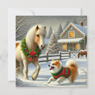 Cartes Pour Fêtes Annuelles Icelandic Horse and Dog Christmas Card