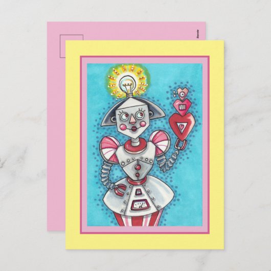 CARTES POUR FÊTES ANNUELLES IDÉE CLAIRE ROBOT DE FILLE, COEURS MÉCANIQUES COLO (Devant / Derrière)