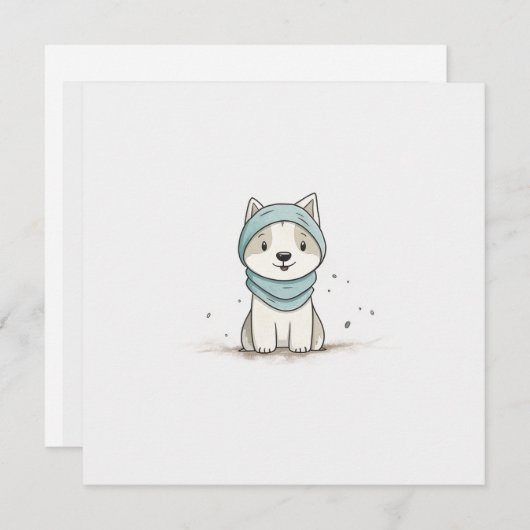 Cartes Pour Fêtes Annuelles Illustration Cosy Husky - Adorable Chiot en Écharp (Devant / Derrière)