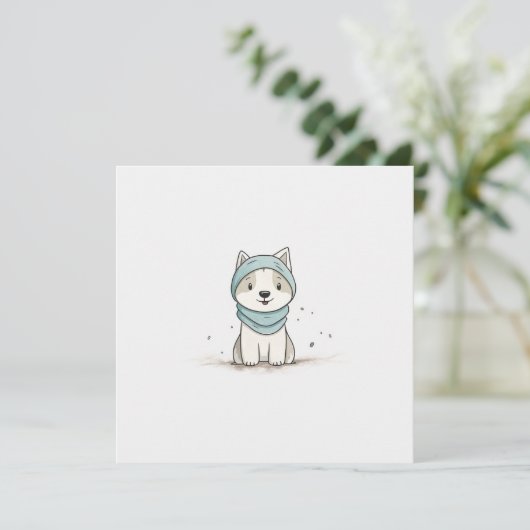 Cartes Pour Fêtes Annuelles Illustration Cosy Husky - Adorable Chiot en Écharp (Debout devant)