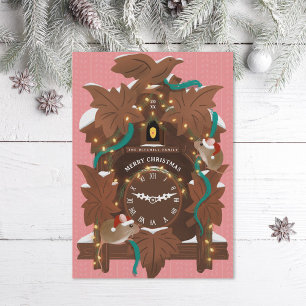 Cartes Pour Fêtes Annuelles Illustration de souris sur l'horloge de Noël rose