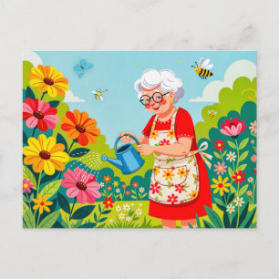 Cartes Pour Fêtes Annuelles Illustration d'une grand-mère arrosant le jardin