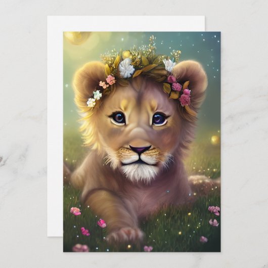 Cartes Pour Fêtes Annuelles Imaginaire Whimsical Cute Kawaii bébé lionceau (Devant / Derrière)