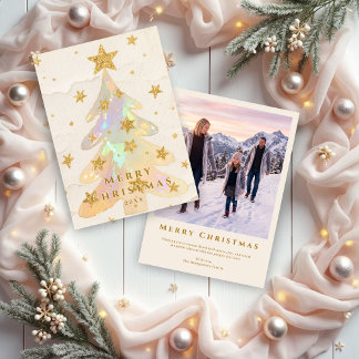 Cartes Pour Fêtes Annuelles Iridescent Christmas Tree Watercolor Gold Stars
