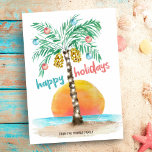 Cartes Pour Fêtes Annuelles Island Holiday Beach Tropical Palm Christmas Card<br><div class="desc">Carte de Noël à thème de plage tropicale plat avec une île au soleil avec un palmier décoré de lampes à cordes et d'ornements et un accueil "happy holiday". Art par KL Stock</div>