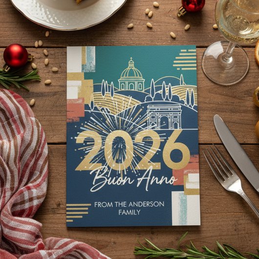 Cartes Pour Fêtes Annuelles Italian Landscape Buon Anno 2026 Navy Gold