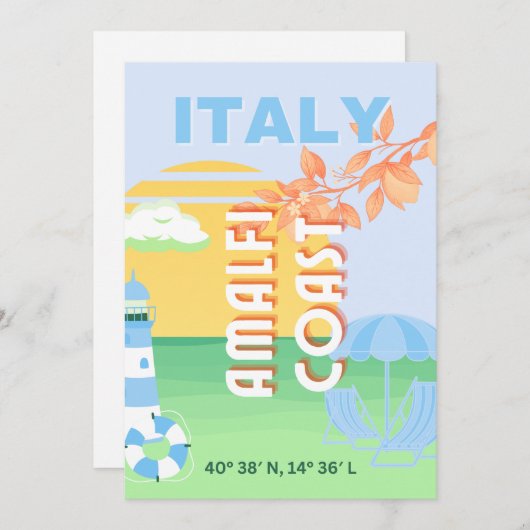 Cartes Pour Fêtes Annuelles Italie Travel Art, Côte d'Amalfi, Preppy, Bleu (Devant / Derrière)