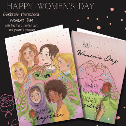 Cartes Pour Fêtes Annuelles IWD Pink Watercolor multiethnic Women GIVE TO GAIN