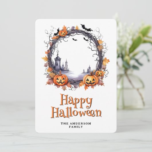 Cartes Pour Fêtes Annuelles Jack O’Lanterns Fantômes chauves-souris joyeuses H (Debout devant)