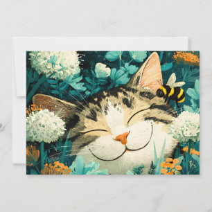 Cartes Pour Fêtes Annuelles Jardin de fleurs de chat endormi aquarelle abeille