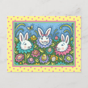 CARTES POUR FÊTES ANNUELLES JARDIN D'OEUFS DE PÂQUES BLANCS, FLEURS DE RABBIT