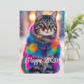 Cartes Pour Fêtes Annuelles Jazzy Kitty en manteau de fourrure - Joyeux 2026 (Debout devant)