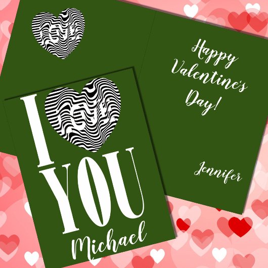 Cartes Pour Fêtes Annuelles Je t'aime coeur rayé noir et blanc sur vert