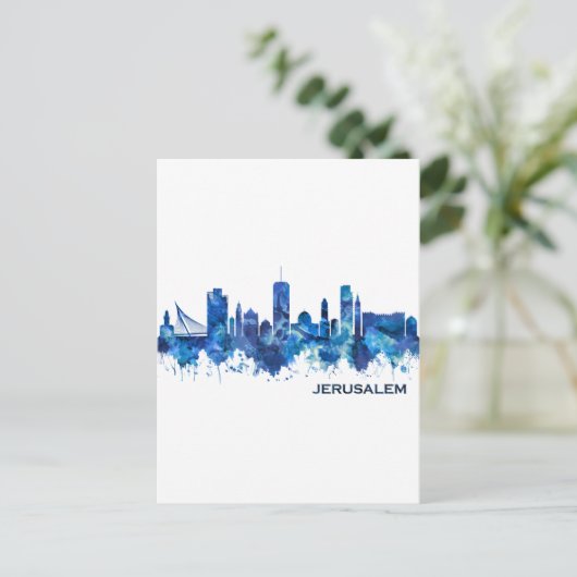 Cartes Pour Fêtes Annuelles Jérusalem Israel Skyline Blue (Debout devant)