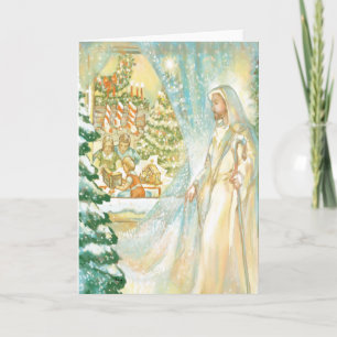 Cartes Pour Fêtes Annuelles Jésus à Noël regardant par le voile de la neige