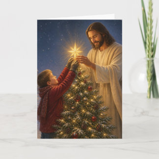 Cartes Pour Fêtes Annuelles Jésus aide un petit garçon à décorer l'arbre de No