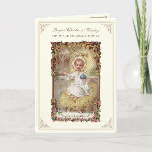 Cartes Pour Fêtes Annuelles Jésus bébé de Noël Poinsettias Chapelet