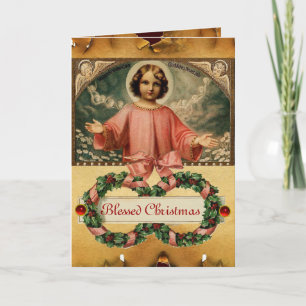 CARTES POUR FÊTES ANNUELLES JÉSUS ENFANT AUX ANGES ET COURONNES DE NOËL