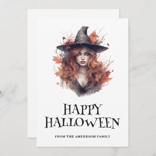 Cartes Pour Fêtes Annuelles Jeune sorcière rouge haïe heureux Halloween (Devant / Derrière)