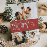 Cartes Pour Fêtes Annuelles JOIE 3 Photo Rouge et or Elegant<br><div class="desc">Elégante carte de vacances photo 3 avec un look propre et moderne,  avec des graphismes or & verdure,  avec un motif d'or botanique d'hiver de retour.</div>