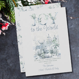 Cartes Pour Fêtes Annuelles Joie au monde Forêt de neige Typographie ornementa