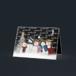 Cartes Pour Fêtes Annuelles Joie Au Monde Snowmen Dans Les Snowflakes<br><div class="desc">De mignons bonhommes de neige en flocons de neige avec le texte "joie au monde" sur le noir avec des flocons de neige,  un croissant de lune,  et un pin blanc. La couleur Arrière - plan peut être modifiée. Le texte peut être modifié.</div>