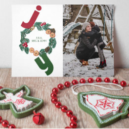 Cartes Pour Fêtes Annuelles Joie avec photo et couronne de noël illustrée