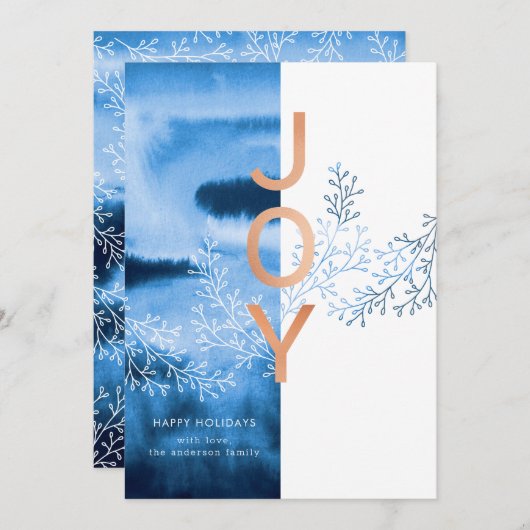 Cartes Pour Fêtes Annuelles Joie de Noël moderne à l'aquarelle bleue (Devant / Derrière)