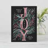 Cartes Pour Fêtes Annuelles Joie de Noël rose main tiré sur le feuillage noir (Debout devant)