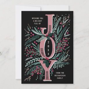 Cartes Pour Fêtes Annuelles Joie de Noël rose main tiré sur le feuillage noir