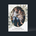 Cartes Pour Fêtes Annuelles Joie ! Pin d'or et Eucalyptus aquarelle photo<br><div class="desc">Cette belle carte de Noël ou de Fêtes présente votre photo dans un cadre doré de forme ovale entouré de boucles de pin aquarelle peintes à la main et de feuilles d'eucalyptus avec la légende : Joie! Des tons élégants de sauge vert, or et taupe donnent à cette carte une...</div>