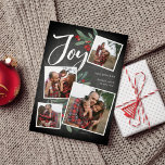 Cartes Pour Fêtes Annuelles Joie rustique | Christmas Photo Collage<br><div class="desc">Notre magnifique carte photo de vacances rustique chic dispose de quatre de vos photos de famille de carrés préférées dans une mise en page collage. "Joy" apparaît en haut dans la typographie de script de brosse en lettres blanches sur un arrière - plan de tableau noir accentué de feuilles d'aquarelle...</div>