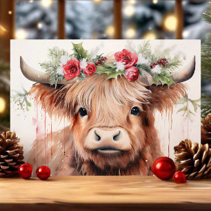Cartes Pour Fêtes Annuelles Joli bébé vache Highland aquarelle florale Noël