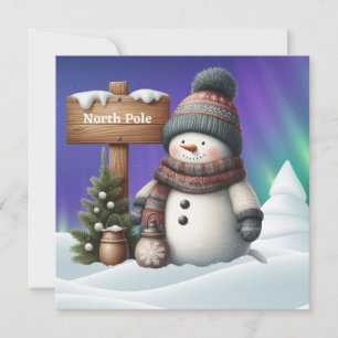 Cartes Pour Fêtes Annuelles Joli bonhomme de neige au pôle Nord avec aurore bo