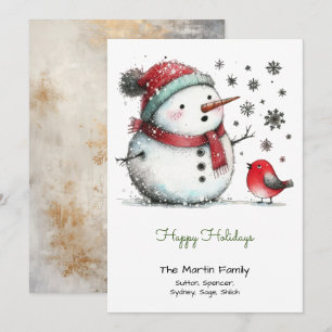 Cartes Pour Fêtes Annuelles Joli bonhomme de neige et oiseau rouge vert heureu
