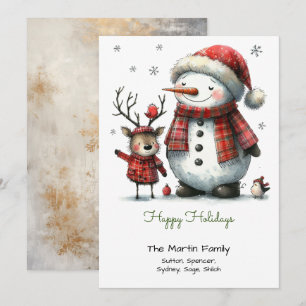 Cartes Pour Fêtes Annuelles Joli bonhomme de neige et renne vert heureux