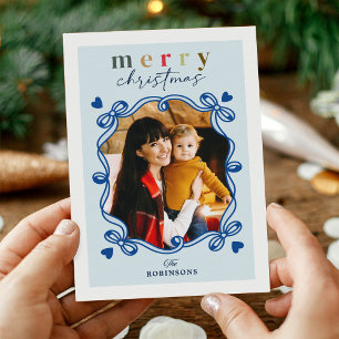 Cartes Pour Fêtes Annuelles Joli cadre photo à nœud de Noël bleu en forme de c