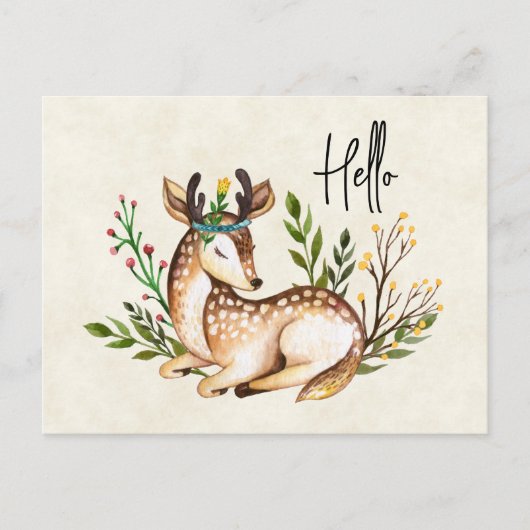 Cartes Pour Fêtes Annuelles Joli Cerf Aquarellé Posé En Bas Boho (Devant)