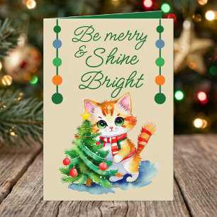 Cartes Pour Fêtes Annuelles Joli chat & arbre de Noël soyez joyeux crème vert
