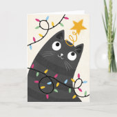 Cartes Pour Fêtes Annuelles Joli chat avec lumières et étoile de Noël (Devant)