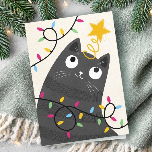 Cartes Pour Fêtes Annuelles Joli chat avec lumières et étoile de Noël
