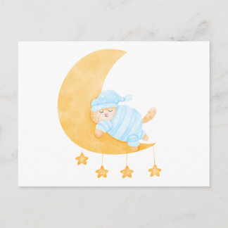 Cartes Pour Fêtes Annuelles Joli Chat Endormi Aquarelle sur Croissant de Lune
