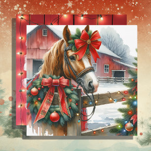Cartes Pour Fêtes Annuelles Joli cheval brun avec un nœud rouge pour Noël