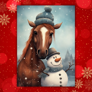 Cartes Pour Fêtes Annuelles Joli Cheval et Bonhomme de Neige Noël