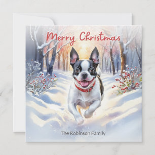 Cartes Pour Fêtes Annuelles Joli chien Boston Terrier en hiver Noël