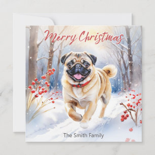 Cartes Pour Fêtes Annuelles Joli chien pug dans la neige aquarelle Joyeux Noël
