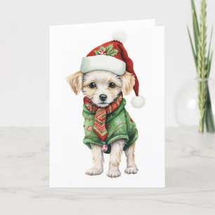 Cartes Pour Fêtes Annuelles Joli chiot de Noël tout mignon, chapeau, écharpe B