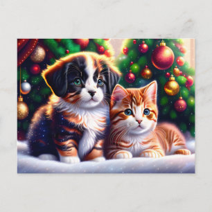 Cartes Pour Fêtes Annuelles Joli chiot et chat sous l'arbre de Noël