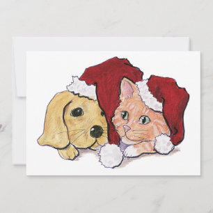 Cartes Pour Fêtes Annuelles Joli chiot Labrador de Noël et chat orange tigré